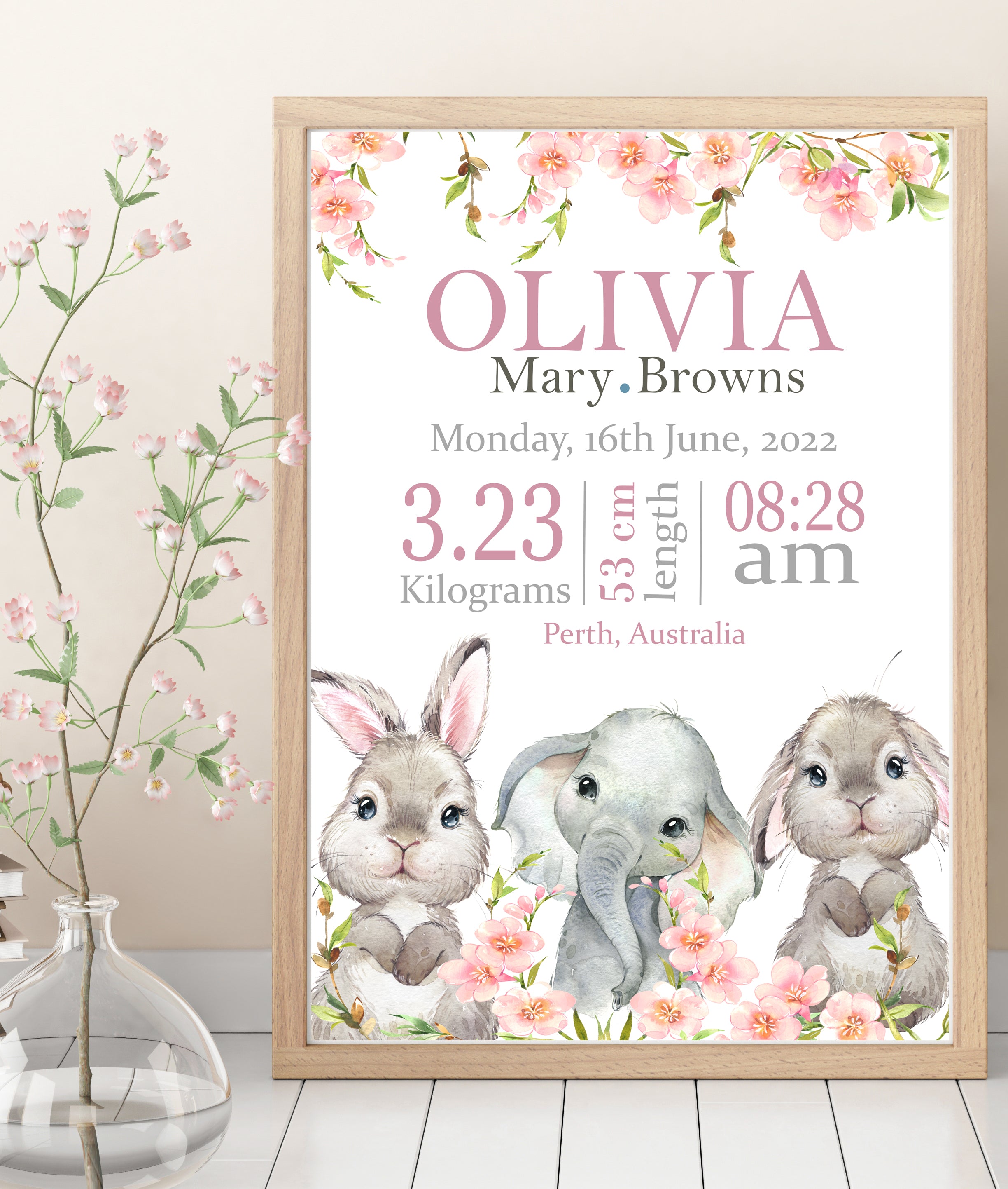 Personalised Baby GIRL Birth Details print