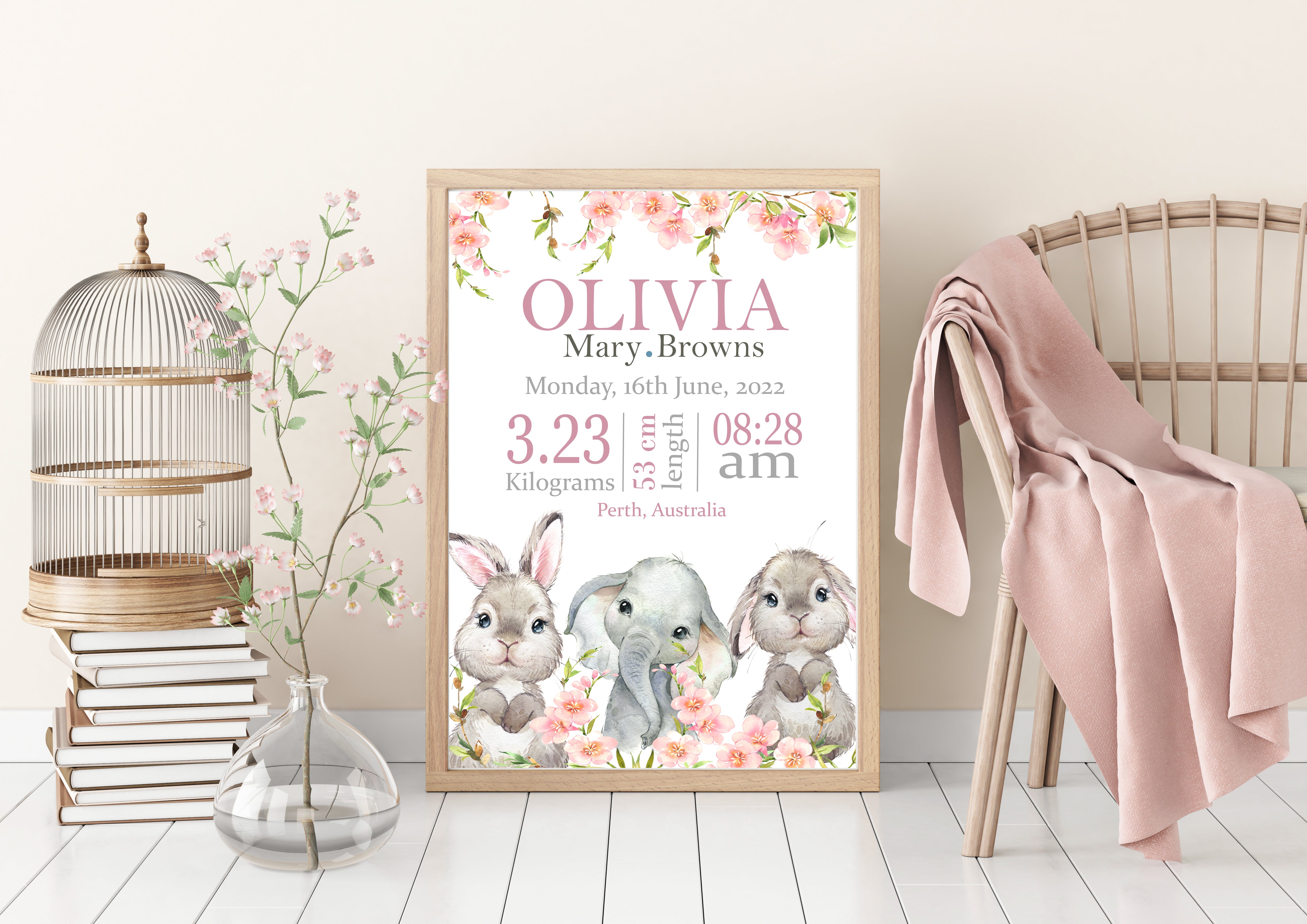 Personalised Baby GIRL Birth Details print