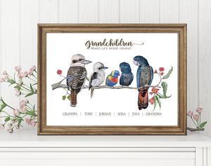 Personalised Australian Mixed Native Birds GRANDCHILDREN Prints