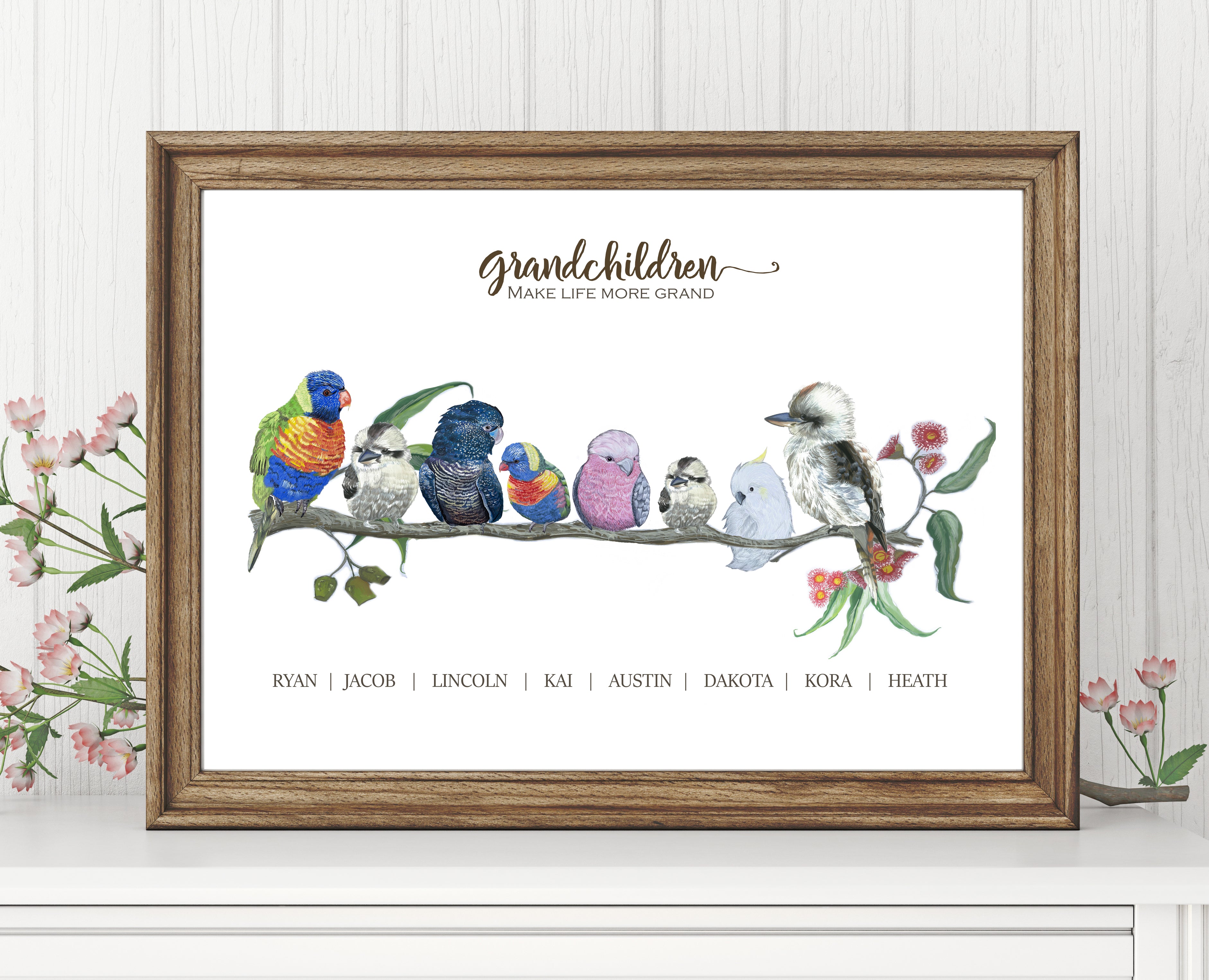 Personalised Australian Mixed Native Birds GRANDCHILDREN Prints