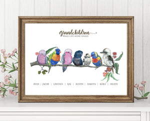 Personalised Australian Mixed Native Birds GRANDCHILDREN Prints