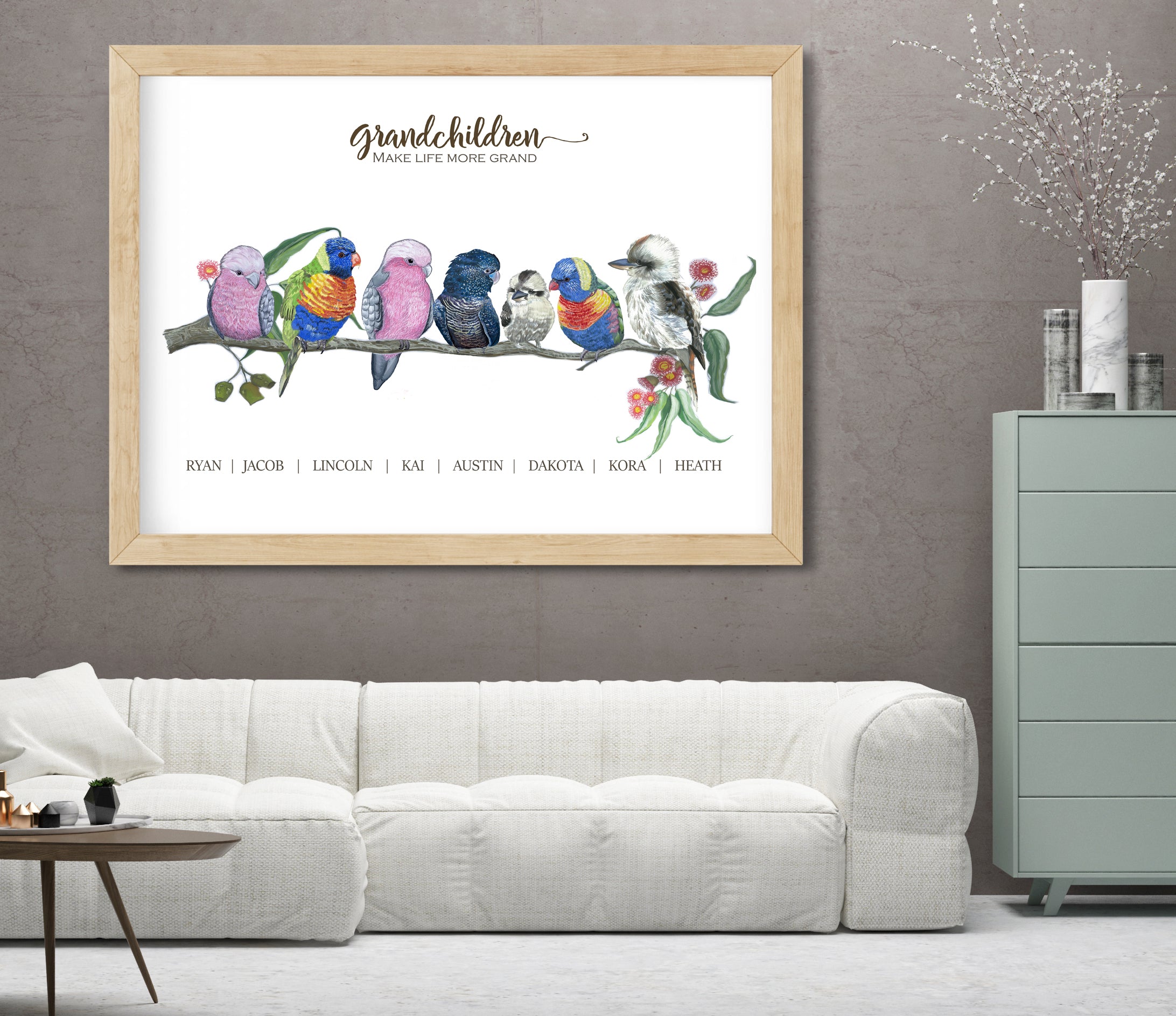 Personalised Australian Mixed Native Birds GRANDCHILDREN Prints