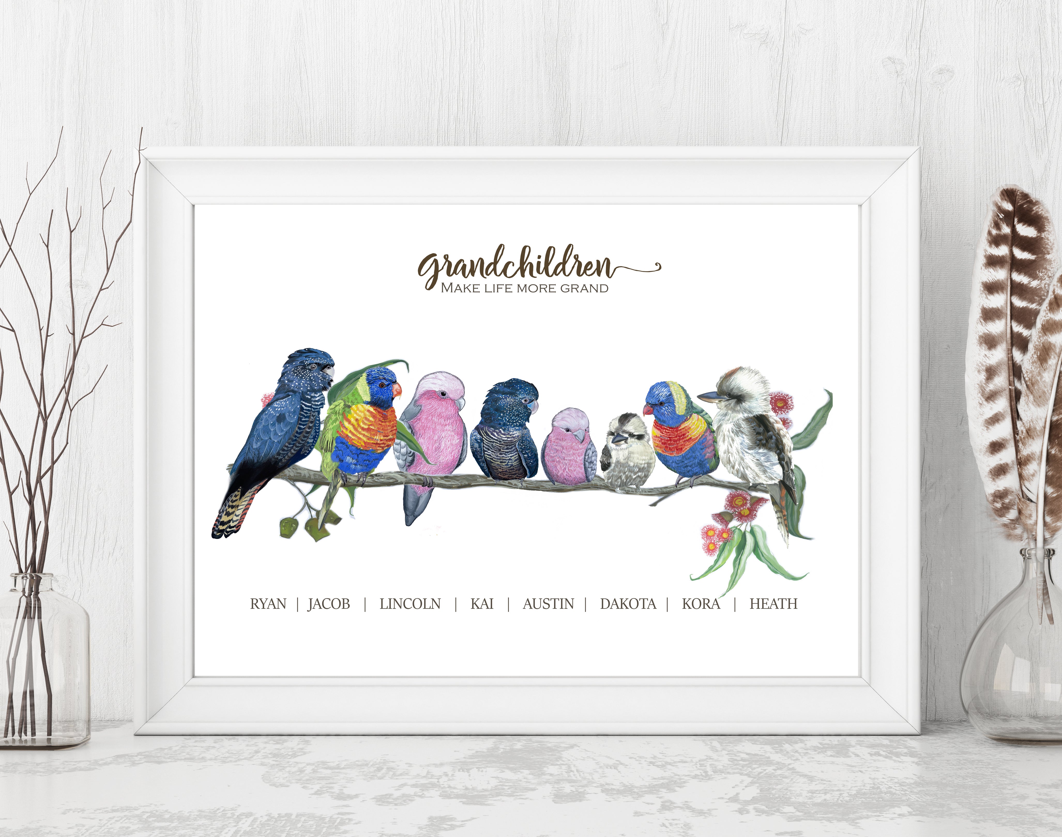 Personalised Australian Mixed Native Birds GRANDCHILDREN Prints