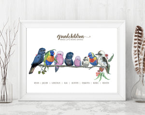 Personalised Australian Mixed Native Birds GRANDCHILDREN Prints