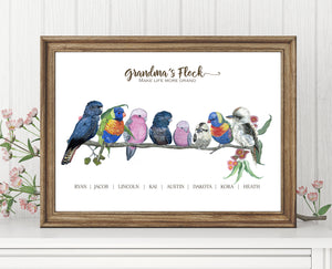 Personalised Australian Mixed Native Birds GRANDCHILDREN Prints